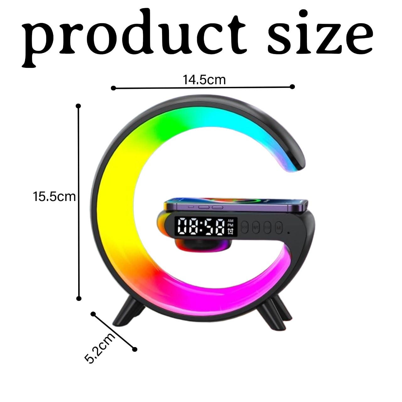 OrionMart Alarm Clock G Shaped Bedside Lamp Wireless Charger & Speaker - Color Changing Table Lamp Night Light - Premium Gift Idea - Image 4