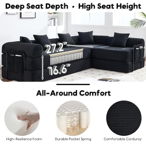 Image of L-Shape Modular Sectional Sofa Bed, Corduroy Boneless Couch, Black