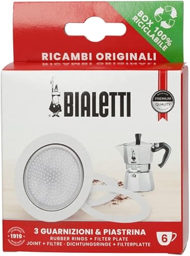 Bialetti Piezas de repuesto, incluye 3 juntas y 1 plato, compatible con Moka Express, Fiammetta, Break, Happy, Dama, Moka Timer y Rainbow (6 tazas)