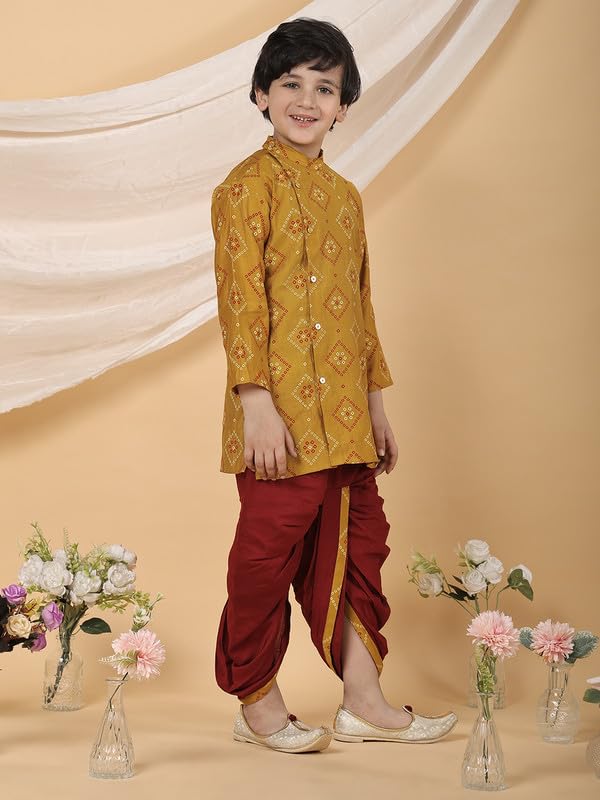 Image of superminis Boy's Golden Foil Printed Side Open Cotton Kurta, Round Collar, Full Sleeves Ethnic Wear Dhoti Kurta Set