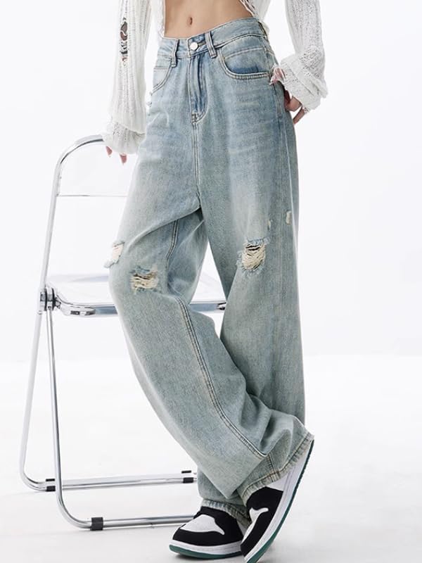 EMMIOL Mid-Low Rise Baggy Jeans for Women, Straight Leg Vintage Boyfriend Jeans with Distressed Details