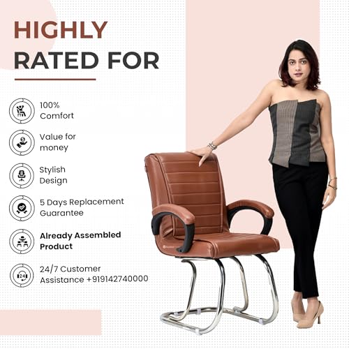 Image of GOYALSON Home Exclusive Visitor Study Reception Chair with Arm Rest and Heavy Frame with Cushioned Seat Back Chair (1, Brown, Double Pipe Chrome Frame)