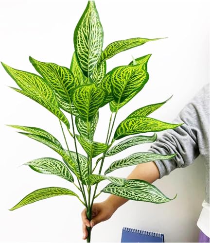 Image of Dekorly Artificial Plant Leaves Tropical Monstera Large Artificial Plants Fake Zebra Leaf Plastic Palm Tree Branch for Home Garden Decor | 26 Leaves (Green-A, Height : 76CM)