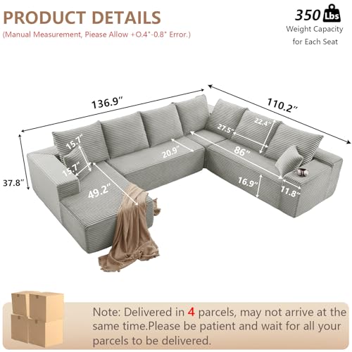 Image of Oversized Modular Sectional Sofa Couch, Large 6 Seater Corner Sofa Modern U Shaped Sectional Couch Cloud Couches for Living Room, Office, Spacious Space, Corduroy,No Assembly Required, Light Grey