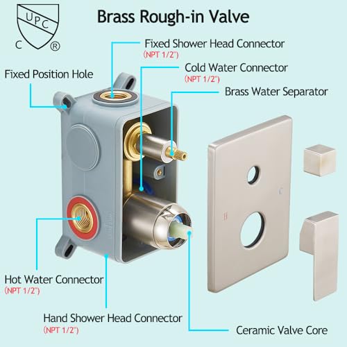 Image of Shower Faucet Set Complete, Wall Mount Shower System for Bathroom 12 Inch High-Pressure Rainfall Shower with Handheld, Rough-in Valve Body and Trim Kit, Brushed Nickel