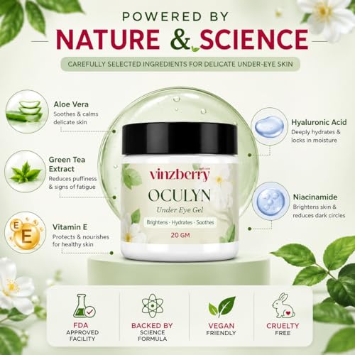 Image of VINZBERRY Oculyn Under Eye Gel, Reduces Dark Circles & Puffiness, with Niacinamide, Hyaluronic Acid, Aloe Vera & Green Tea, 20g