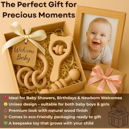 Image of Babbles Wooden Rattle Set for Babies 0-6 Months, 6-12 Months | New Born Toys | Baby Shower Gifts | New Born Baby Essentials | Rattle Toys (Ring+Dumbbell+Micky Head)