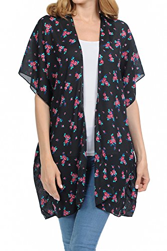 Image of BASICO Women's Floral Print Kimono Cardigan Loose Open Front Lightweight Summer Tops (One Size, Cardigan # Black)