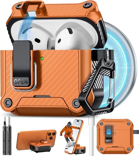 Image of Pohgelan for AirPods 4 Case with Safety Lock-Orange | Carbon Fiber Texture Cover,Magnetic Automatic Lock with Cleaning Kit&Keychain,Compatible with Magsafe