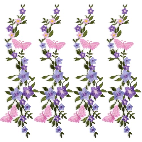 4PCS Butterfly Flower Embroidered Patches Long Floral Iron on Appliques Iron-On/Sew-On Patches Wisteria Repair Patch for Dress Bag Pant Jacket Jean Hat Shirt (Pink Butterfly + Purple Flower)