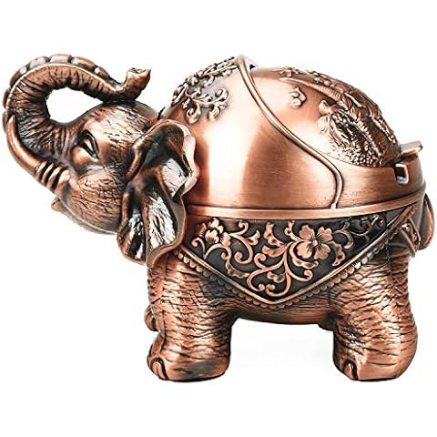 Vintage Decorative Windproof Ashtray with Lid for Cigarettes Metal Portable Cigar Ashtray Odor Indoor Outdoor Hand Carved Stand Lucky Elephant Fancy Gift Ornament for Men Women (Red Copper-Stand Ele) Cover