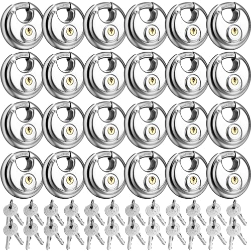 Image of Therwen 24 Pcs Keyed Padlock with 48 Pcs Keys Stainless Steel Disc Lock Outdoor Waterproof and Rustproof Disc Lock Heavy Duty Padlock with 3 /8 Inch Shackle for Warehouse Garage Storage Outdoor