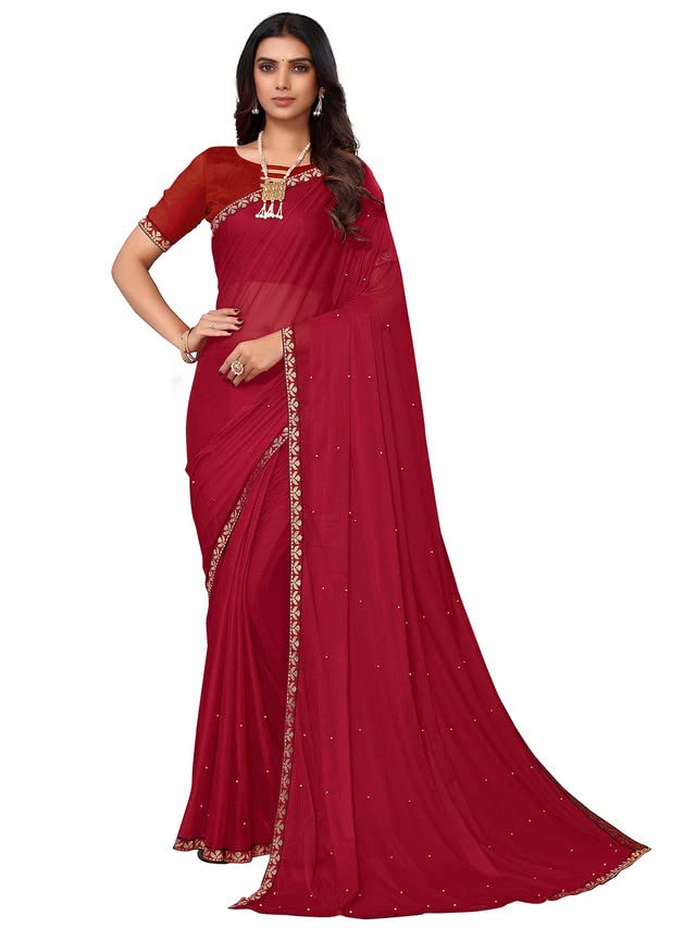 Image of SIRIL Women's Lace & Peral Work Lycra Saree with Unstitched Blouse Piece