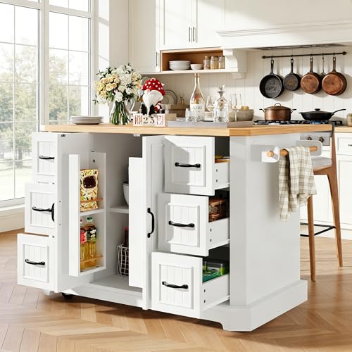 Carro de cocina de 120 x 45 – 75 x 91 cm, isla mueble de cocina sobre ruedas con 2 puertas y 6 cajones, mueble de cocina con estante integrado para los aperitivos, carro de comedor con superficie de