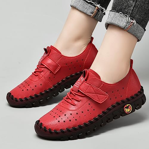 Image of Women's Hollow Beef Tendon Soft Bottom Slip-on Flat Loafers,Fashion Hand Sewing Non-Slip Oxford Breathable Orthotic 4D Pain Relief Comfy Walk Casual Shoes