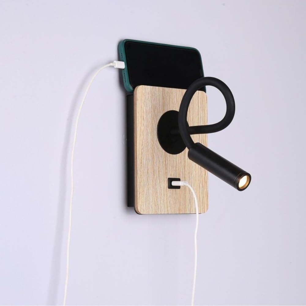 B·LED BARCELONA LED Wandleuchte aus Holz mit Schalter und Strahler, schwarz, flexibel, warmweißes Licht, USB-Ladeanschluss zum Lesen, Bett, Nachttisch, Hotel