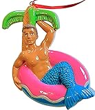 Merman on Island Raft Christmas Tree Ornament Happy Gay Pool Beach Party Male Muscle Mermaid