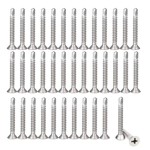 150 Pièces de Tôle de Vis Autotaraudeuses en Tôle, 4,2 x 32 mm 410 Vis à Tôle en Acier Inoxydable, Vis Autoperceuse à Tête Fraisée Phillips avec Mèche, pour Toiture, Argent