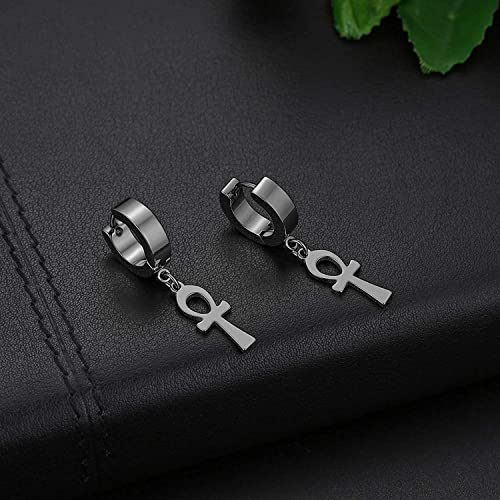 Ankh Cross Earrings for Men Women, Stainless Steel Egyptian Symbol Stud Earrings Dangle Hinged Piercing Hoop Earrings3