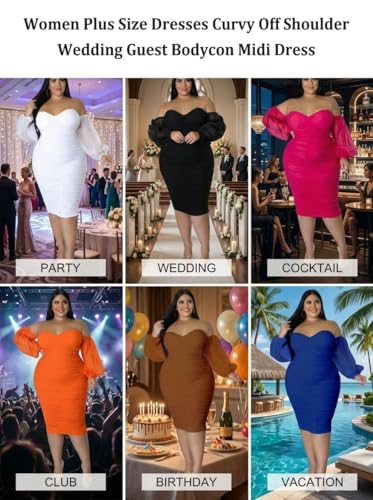 Image of EDITCOZY Women Plus Size Dresses Curvy Off Shoulder Long Sleeve Cocktail Wedding Guest Bodycon Club Midi Dress