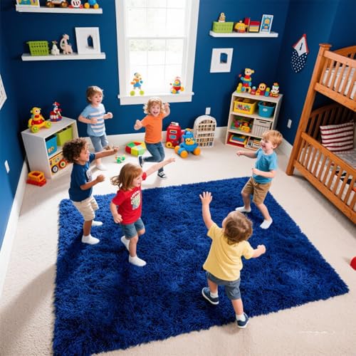 Small Bedside Rug, 3x5 Non Slip Fluffy Shaggy Entryway Throw Rugs for Bedroom Living Room, Indoor Floor Carpet for Kids Girls and Boys, Nursery Rooms Mat, Home Decor Aesthetic, Blue