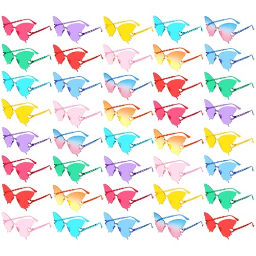 40 Pack Colorful Butterfly Sunglasses Bulk, Wholesale Fun Rimless Butterfly Party Glasses for Teens Adults Unisex