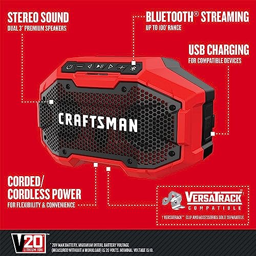 Image of CRAFTSMAN V20 Wireless Portable Bluetooth Speaker, Tool Only (CMCR001B), Red