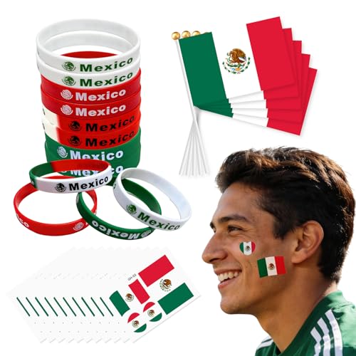 2026 World Soccer Party Favors, 20 Pcs Mexican Flags, 12 Pcs Silicone Wristbands and 10 Pcs Stickers for Sports Themed Parties Olympic Celebrations Decorations