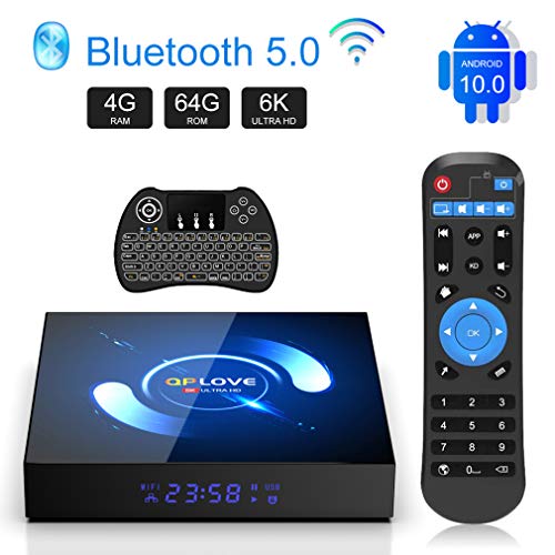 QPLOVE TV Box Android 10.0 H616 avec Mini Clavier sans Fil Processeur quadricur 4 Go de RAM 64 Go ROM Ultra HD 6K Résolution 5 GHz Dual WiFi avec Bluetooth 100M LAN 2USB2.0 TV Box