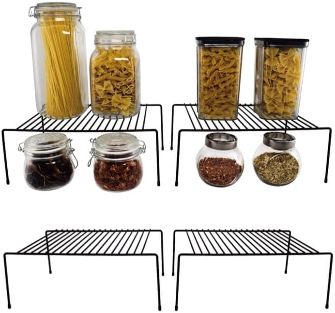 COMELYJEWEL 4pcs/pack Medium - L 13" x W 9" x H 5.1" Non-Slip Feet Black Cabinet Storage shelves Shelf organizer Rack Steel Metal Wire Counter & Pantry Home Kitchen Drawer Organizer, Medium