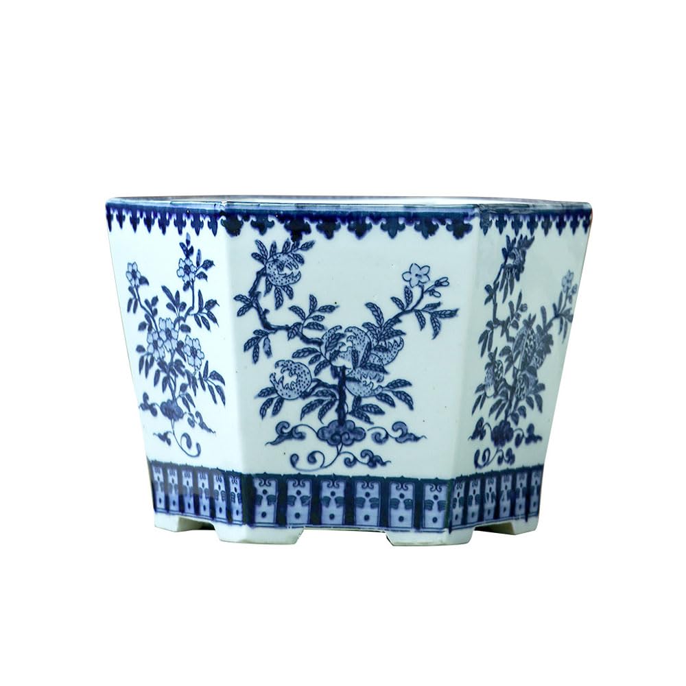 DFGHNBVC Ceramic Planter Pot Hexagonal Chinoiserie Blue And White Porcelain Decorative Flower Pot For Indoor Plants Container With Drainage Hole For Bonsai Plants Flower Aloe Indoor Home D,Blue