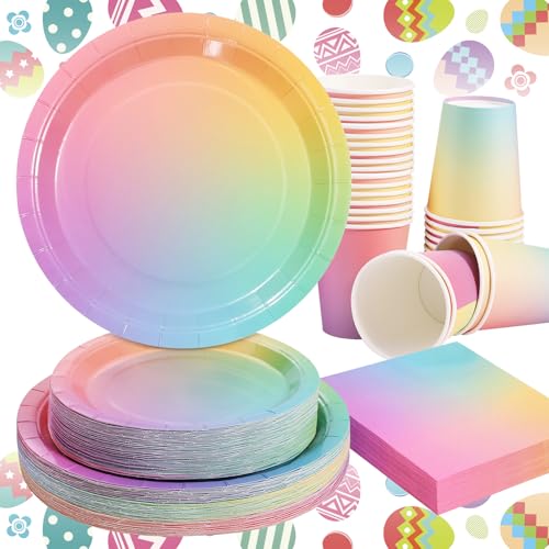 Gudvilla Rainbow Birthday Decorations for Girls, Pastel Rainbow Plates and Napkins 200Pcs, Girl Birthday Plates and Napkins, Easter Mother's Day Hawaiian Luau Colorful Pride Month, Serves 50