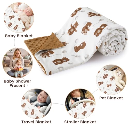 Image of PHF Minky Baby Blanket, 40x50 Inches Soft Double Layer Baby Blankets with Dotted Backing, Receiving Blanket Bed Throws for Newborn, Infant, Babies, Teddy Bear