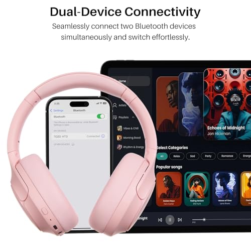 Image of TOZO HT3 Hybrid Noise Cancelling Headphones, 90H Battery Life Wireless Over Ear Bluetooth 6.0 Foldable Headset, AI Voice Assistant with 5 Mics, Connect 2 Devices and Hi-Res Sound, 32 EQ Audio Presets
