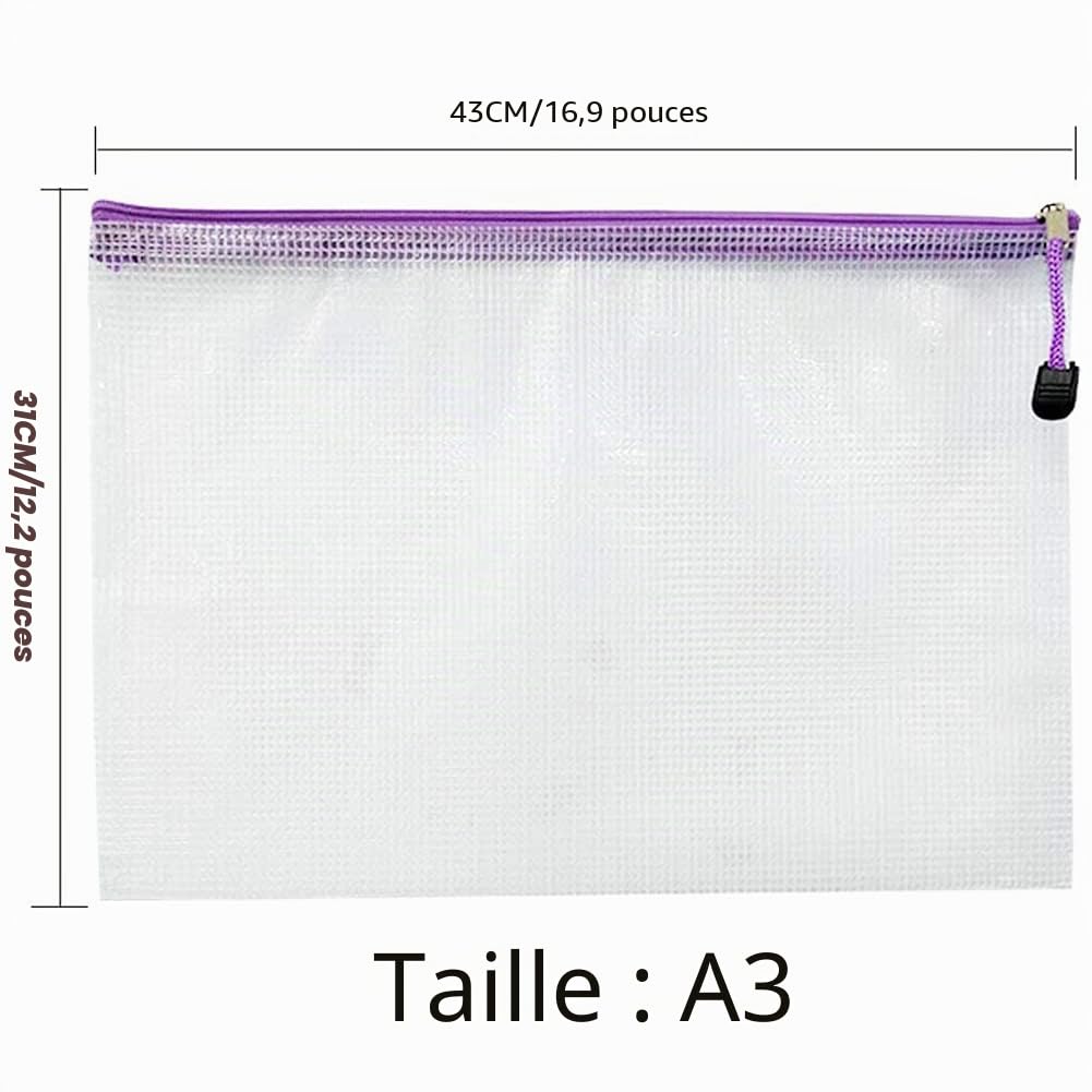 Pochettes A3 en plastique avec fermeture éclair pour documents A3 - Grand sac à fermeture éclair - Pour l'école, le bureau, les voyages - 12 couleurs