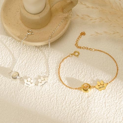 Personalized Pet Name Bracelet Dog/Cat Paw Bracelet Animal Friendly Jewelry Custom Pet Lover Gift Photo Projection Bracelet for Women Mom4