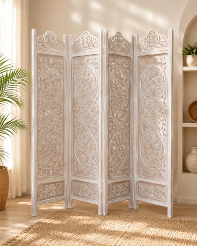 Image of Wooden Room Divider Decorative Foldable Privacy Screen Hand Carved Partition for Living Room Bedroom Office Decor (6 Feet 4 Panel White Wash Each Panel 72X20 Inch)