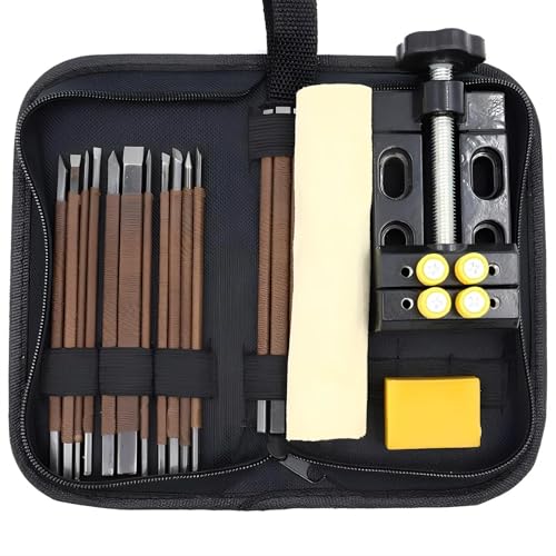 KangTeer Stone Carving Tool Kits 18Pcs Manganese Steel Hand Stone Engraving Knife Soapstone Carving Chisels Vise Clamp Kits