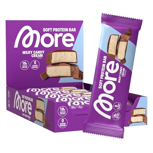 MORE Soft Protein Bar, 10er Box, 10 x 50 g, Milky Candy Cream, Protein Riegel ohne Zuckerzusatz (Design kann variieren)