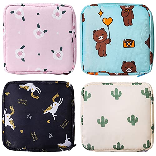 Sanitary Napkin Storage Bag, 4Pcs Zipper Menstrual Pad Bag Portable Sanitary Napkin Storage Tampons Holder for Purse First Period Kit for Teen Girls Store Sanitary Pads for Women