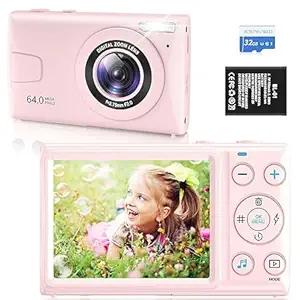 4K Compact Digital Camera 64MP with 18X Zoom & Autofocus Perfect for Kids, Teens & Beginners, Includes 32GB Card (Pink)