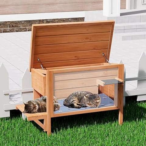 CHXJF Nature Outdoor Cat House Weatherproof Feral Cat Enclosure with Ice Pad for Summer, 100% Insulated All-Round Foam, Wood Large Feral Cat House for Multiple Cats 34.25" L*21.65" W*24.78" H Cover