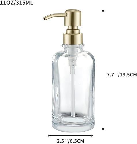 Miniatura 5 de Dispensador de jabón de vidrio transparente con bomba dorada, dispensador de jabón líquido de 11 onzas cilíndrico con bomba de acero inoxidable para