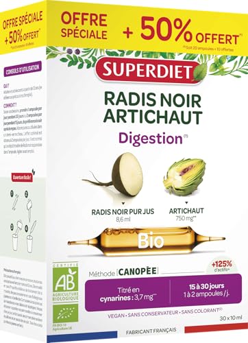 SUPERDIET - RADIS NOIR - ARTICHAUT BIO - Transit & Digestion Facile - Fabrication France - Format économique - 30 ampoules de 10ml