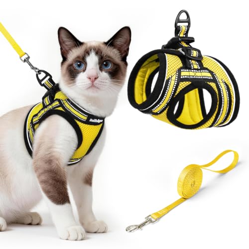 Image of rabbitgoo Cat Harness and Leash Set, Step-in Soft Vest, Bright Yellow | Escape Proof, Lightweight, Easy-on & Adjustable, Hook & Loop with Buckle, Reflective, for Small Cats Walks, L