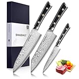 SANDEWILY Damascus Kitchen Chef Knife Set 3PCS Professional Japanese Knife Set VG10 Steel Chef's Knife Cutting Knife Utility Knife Ultra Sharp Knives Blackwood Handle & Gift Box