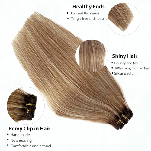 Image of Clip in Hair Extensions Real Human Hair 7Pcs 18 Inch Balayage Blonde Human Hair Clip in Extensions Ombre Brown to Bleach Blonde Highlights Hair for Women