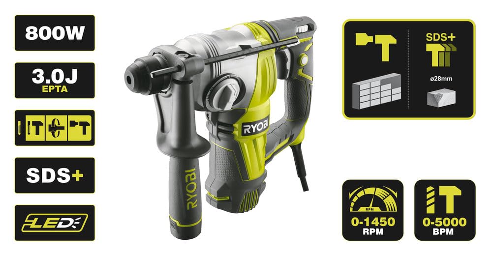 RYOBI - Perforateur SDS+ Filaire 800W RSDS800-KC – Mandrin SDS+, Poignée Antichoc, Fonction Burinage, Coffret Transport Inclus