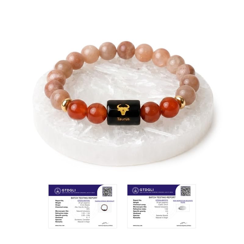 Image of Astrotalk Zodiac Bracelet with Raw Selenite Plate | Healing Crystals for Protection & Emotional Balance | Citrine & Tiger Eye | Bracelet for Man & Woman | Gift for Man & Woman