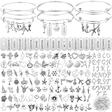 363 Pcs Charm Bracelet Making Kit Bangle Bracelets DIY Kit, 17 Silver Expandable Wire Bangles, 146 Charms Pendants, 200 Open Jump Rings for Christmas Women Jewelry Making